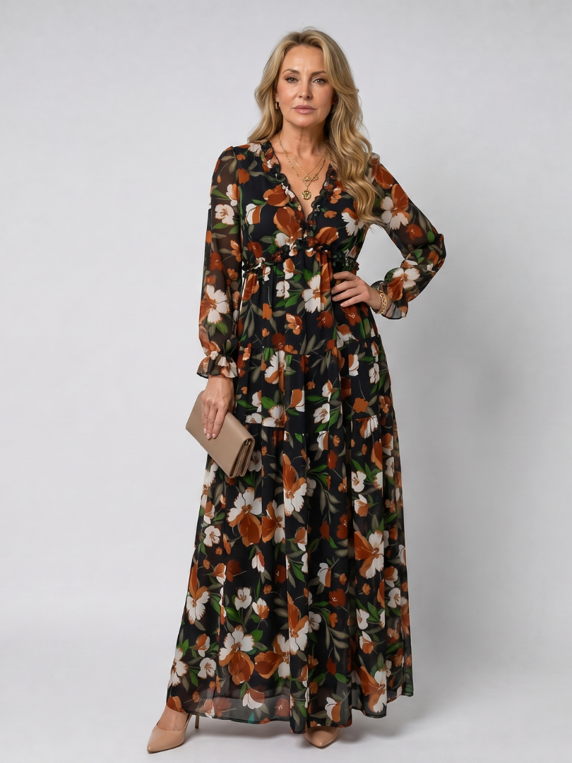 Frankie | Floral Print Long Sleeve Tiered Maxi Dress