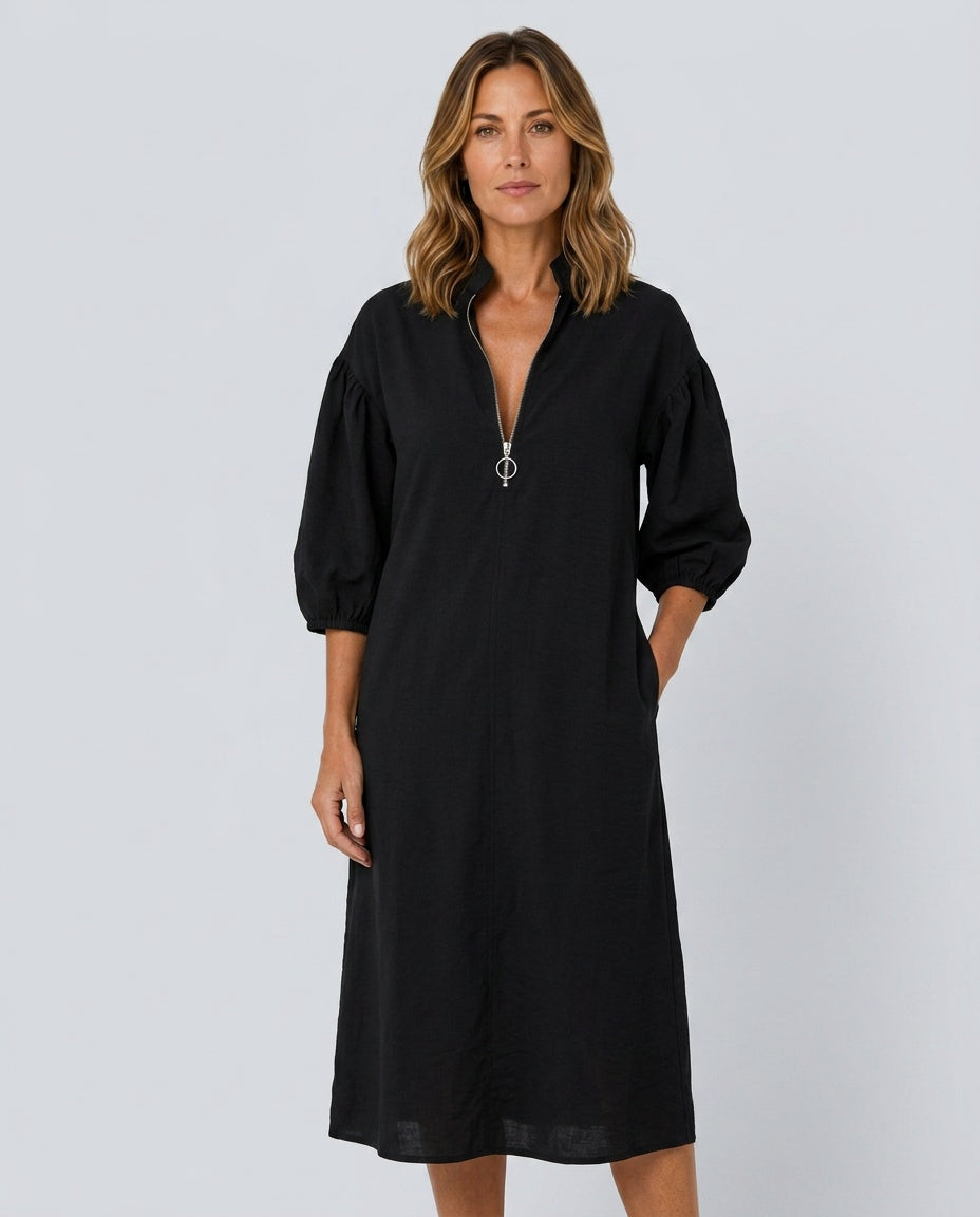 Astrid | Puff Sleeve High Neck Midi Dress