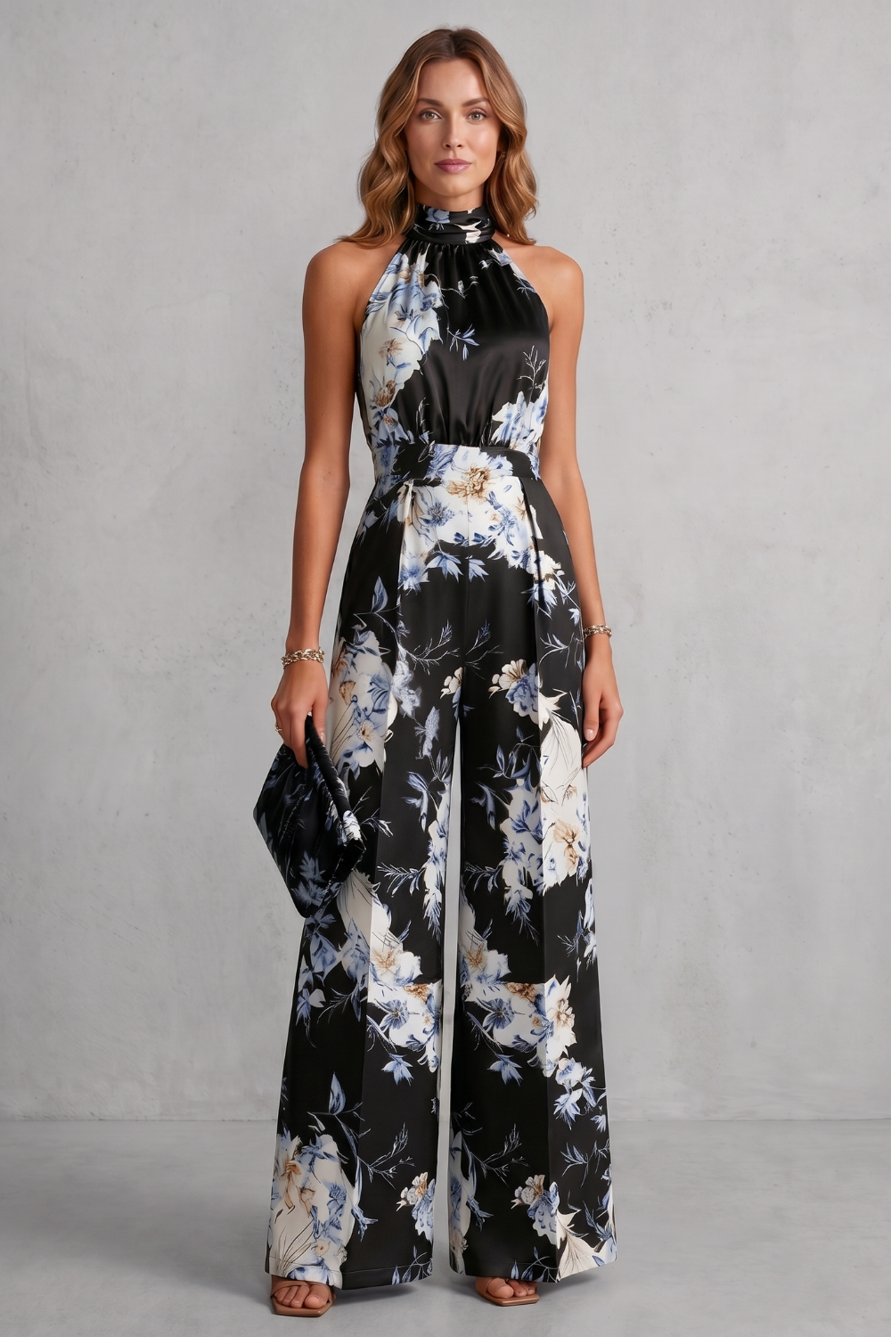 Selene | Floral Halter Neck Wide-Leg Jumpsuit