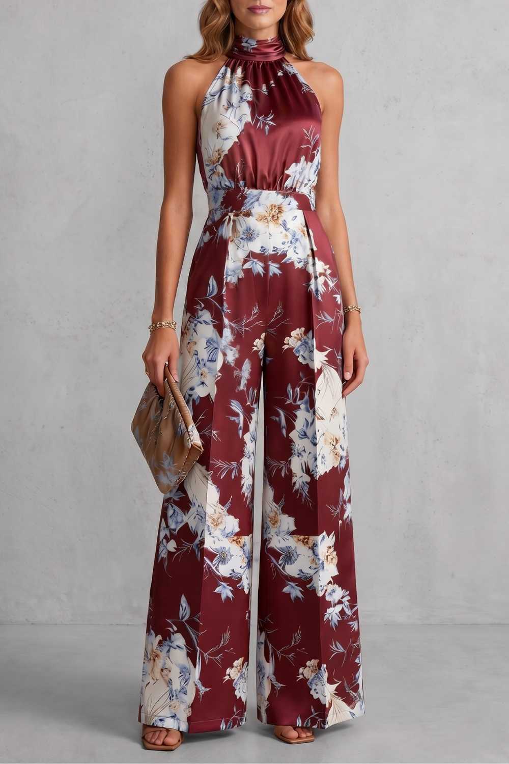 Selene | Floral Halter Neck Wide-Leg Jumpsuit