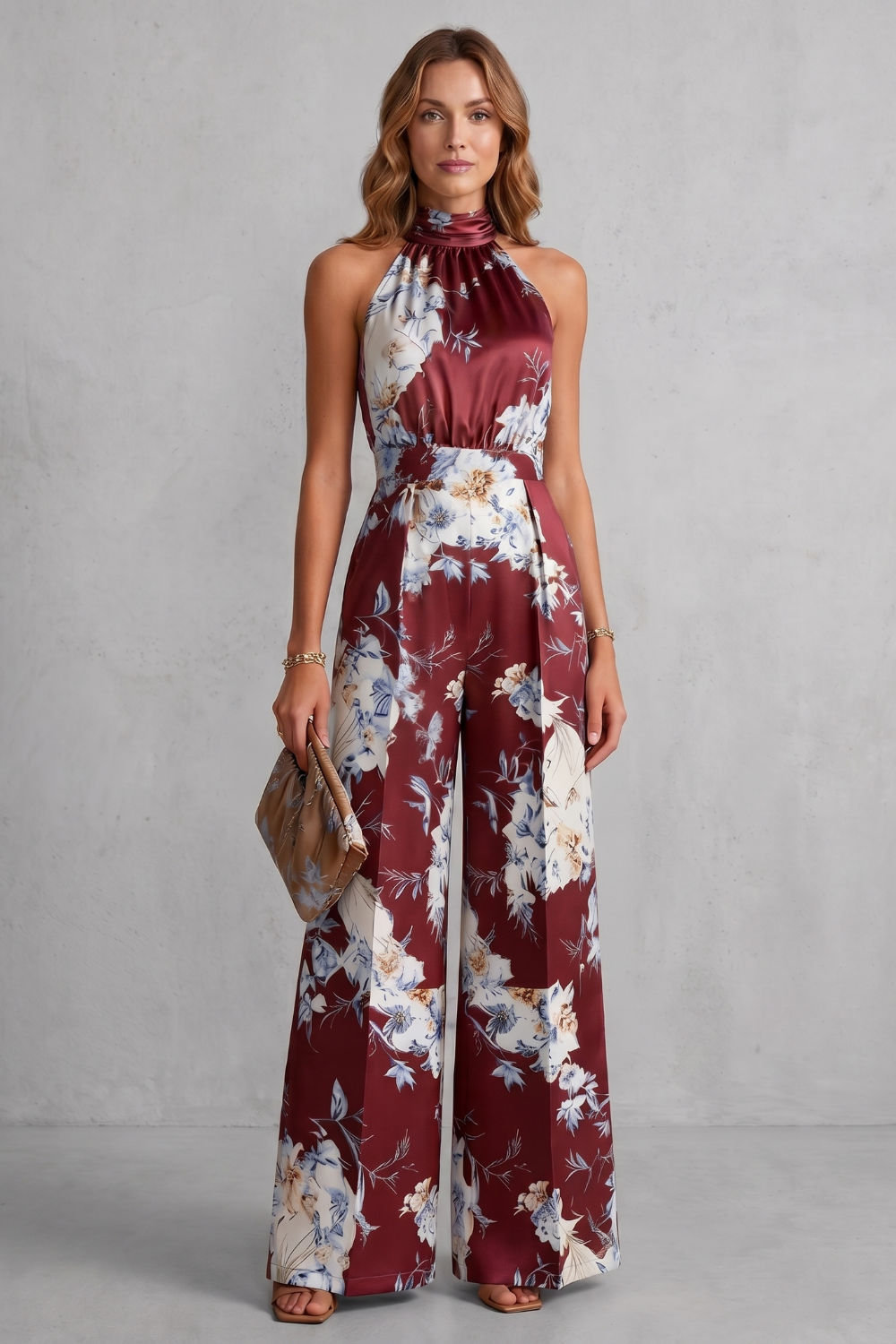 Selene | Floral Halter Neck Wide-Leg Jumpsuit