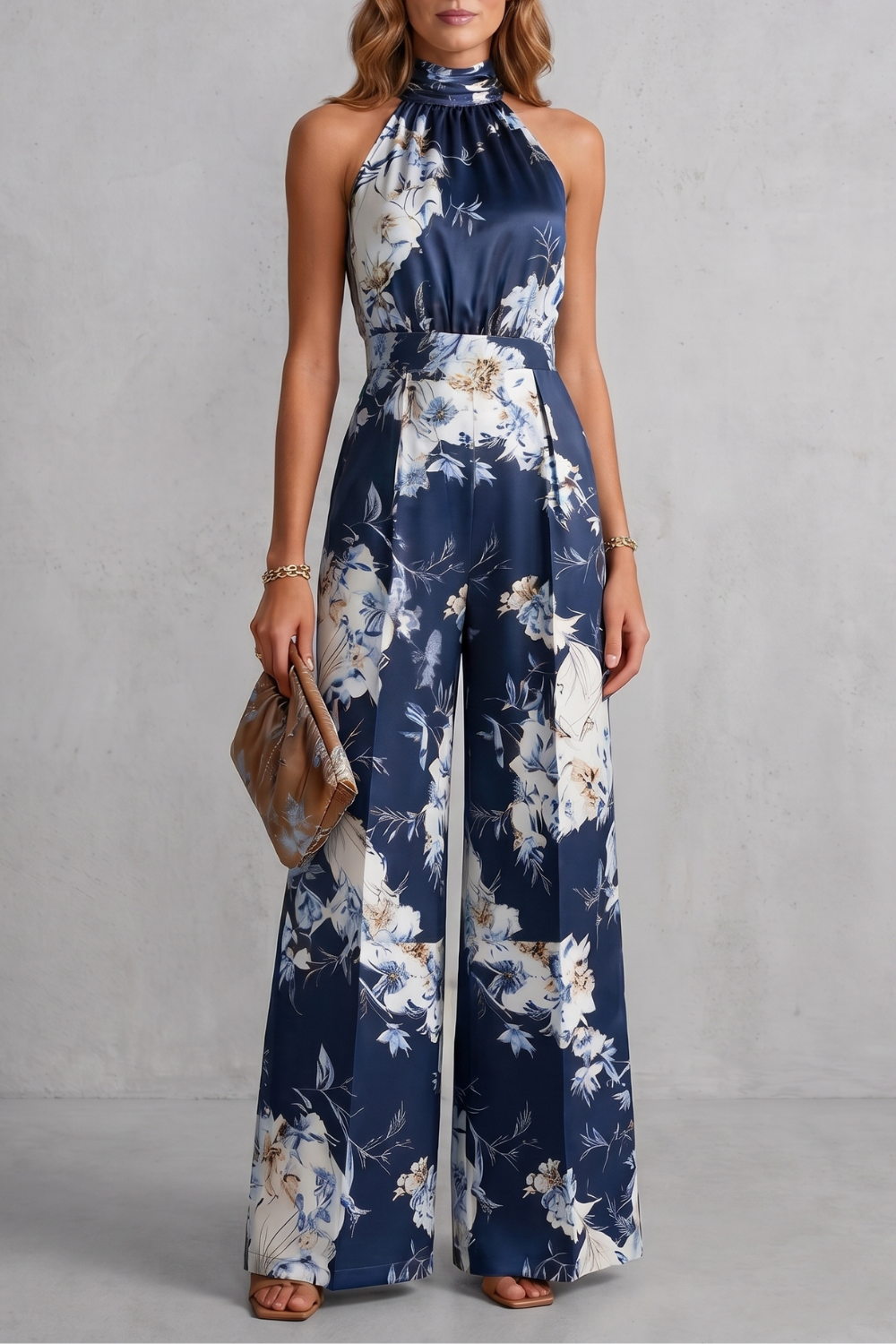 Selene | Floral Halter Neck Wide-Leg Jumpsuit