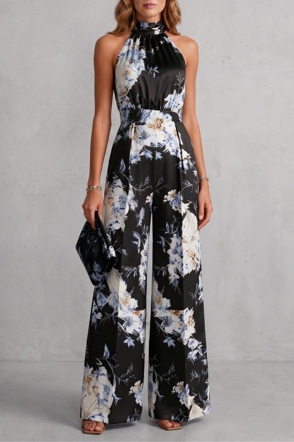Selene | Floral Halter Neck Wide-Leg Jumpsuit