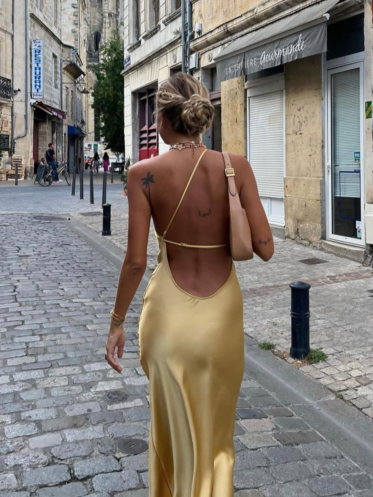 Bianca | Asymmetric Open Back Spaghetti Strap Midi Dress