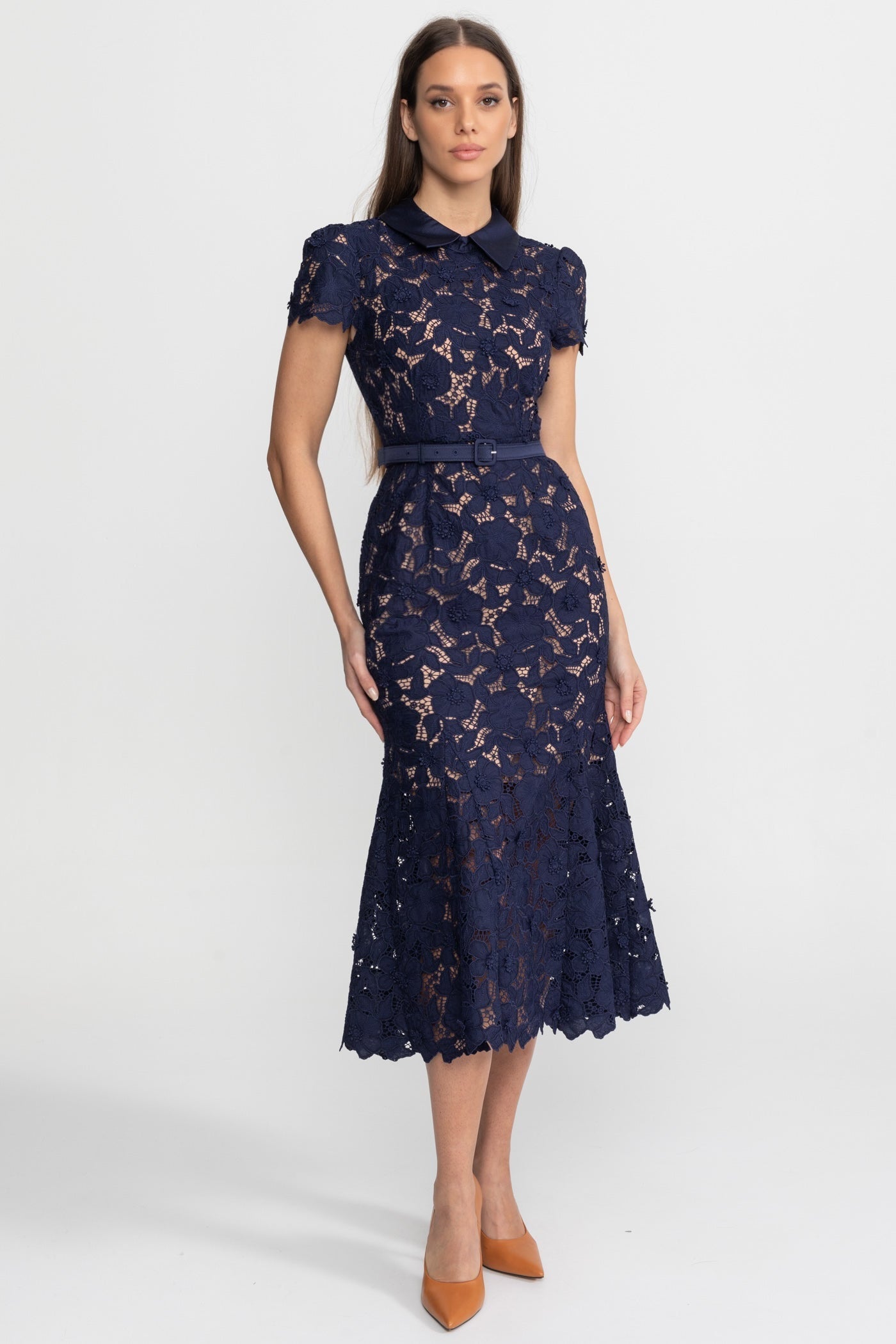 Edith | Collared Lace Belted Midi Dress