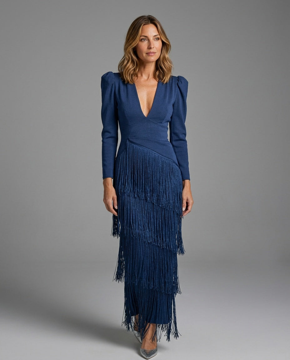Brigitte | Fringe V-Neck Long Sleeve Midi Dress