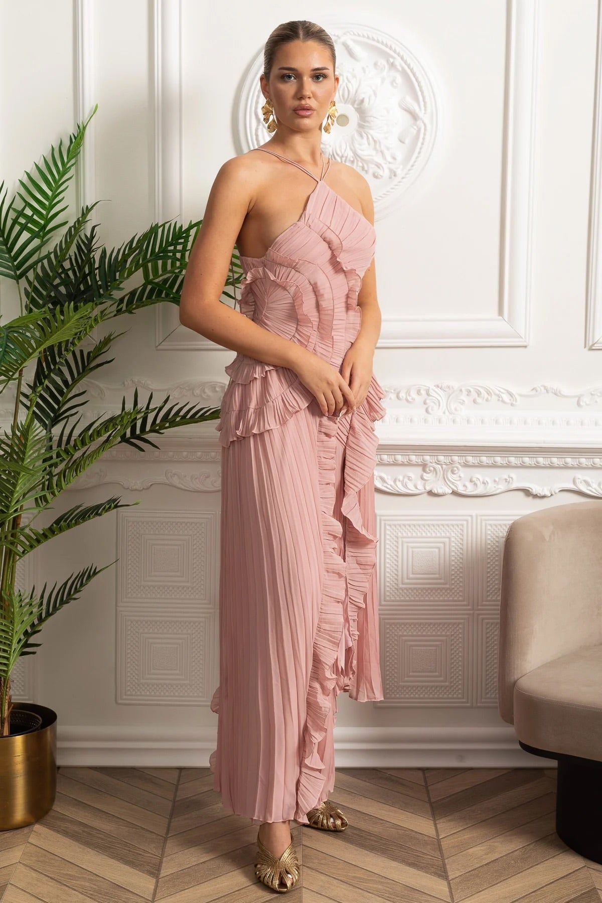 Opal | Pleated Halter Cascading Ruffle Midi Dress