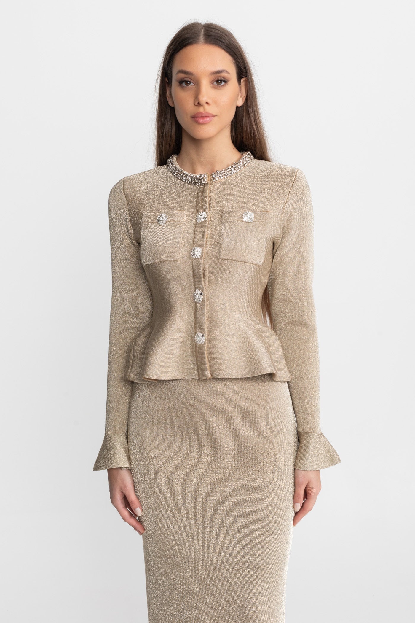 Vivienne | Shimmer Knit Crystal Button Midi Dress