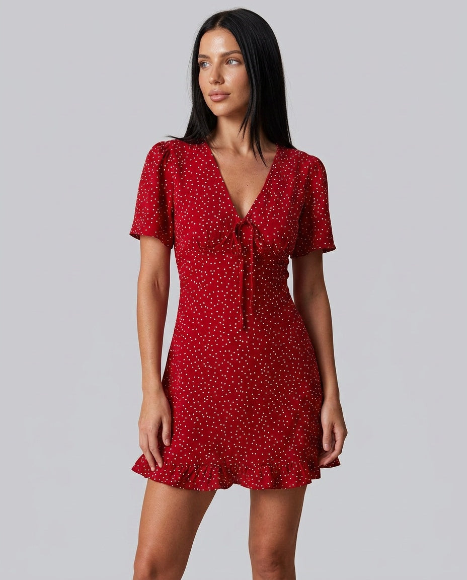 Ines | V-Neck Polka Dot Flounce Mini Dress