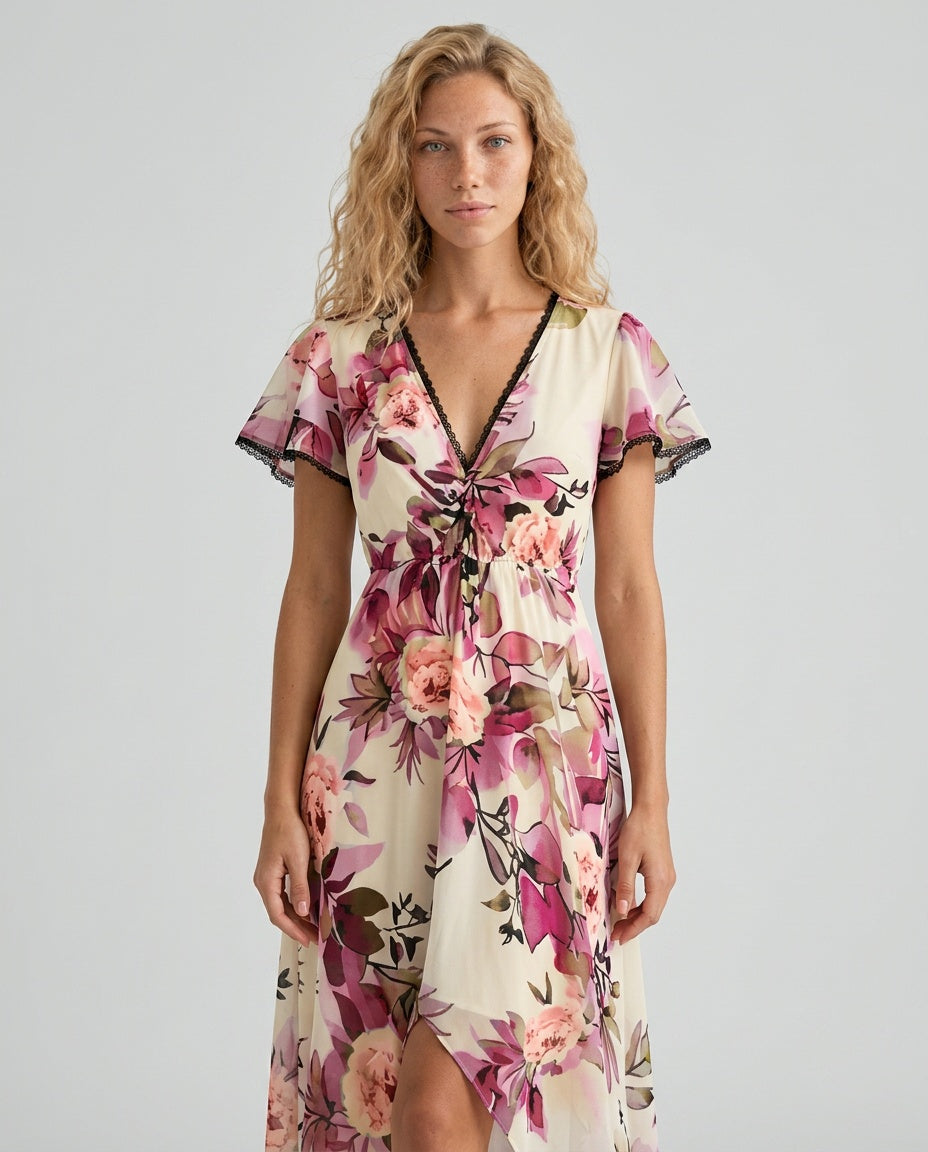 Blossom | Floral Midi with Lace-Up Deep V Neck