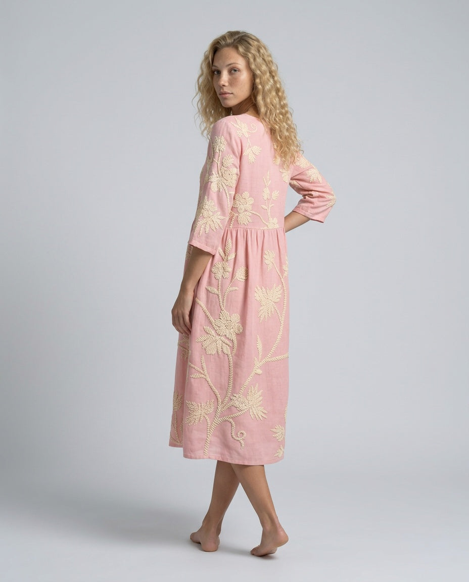 Josie | Floral Linen-Look Round Neck Midi Dress