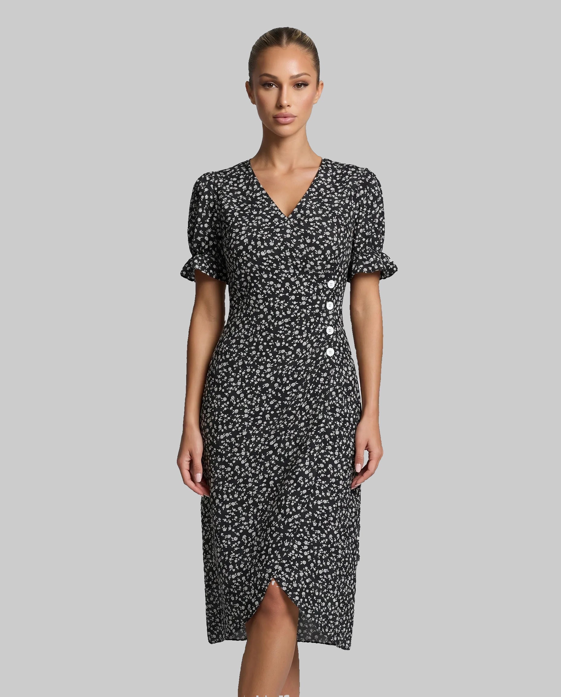 Greta | V-Neck Wrap Short Sleeve Midi Dress