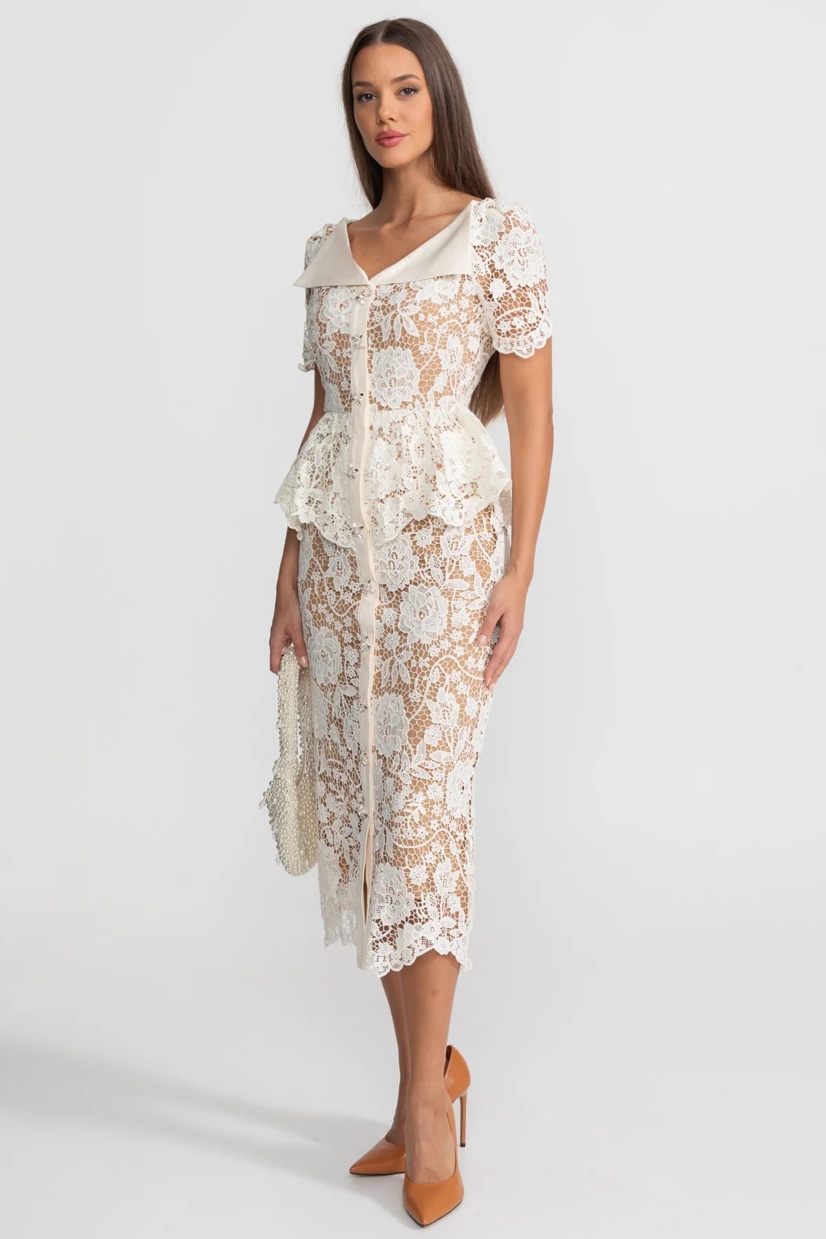 Colette | Lace Peplum Satin Collar Midi Dress