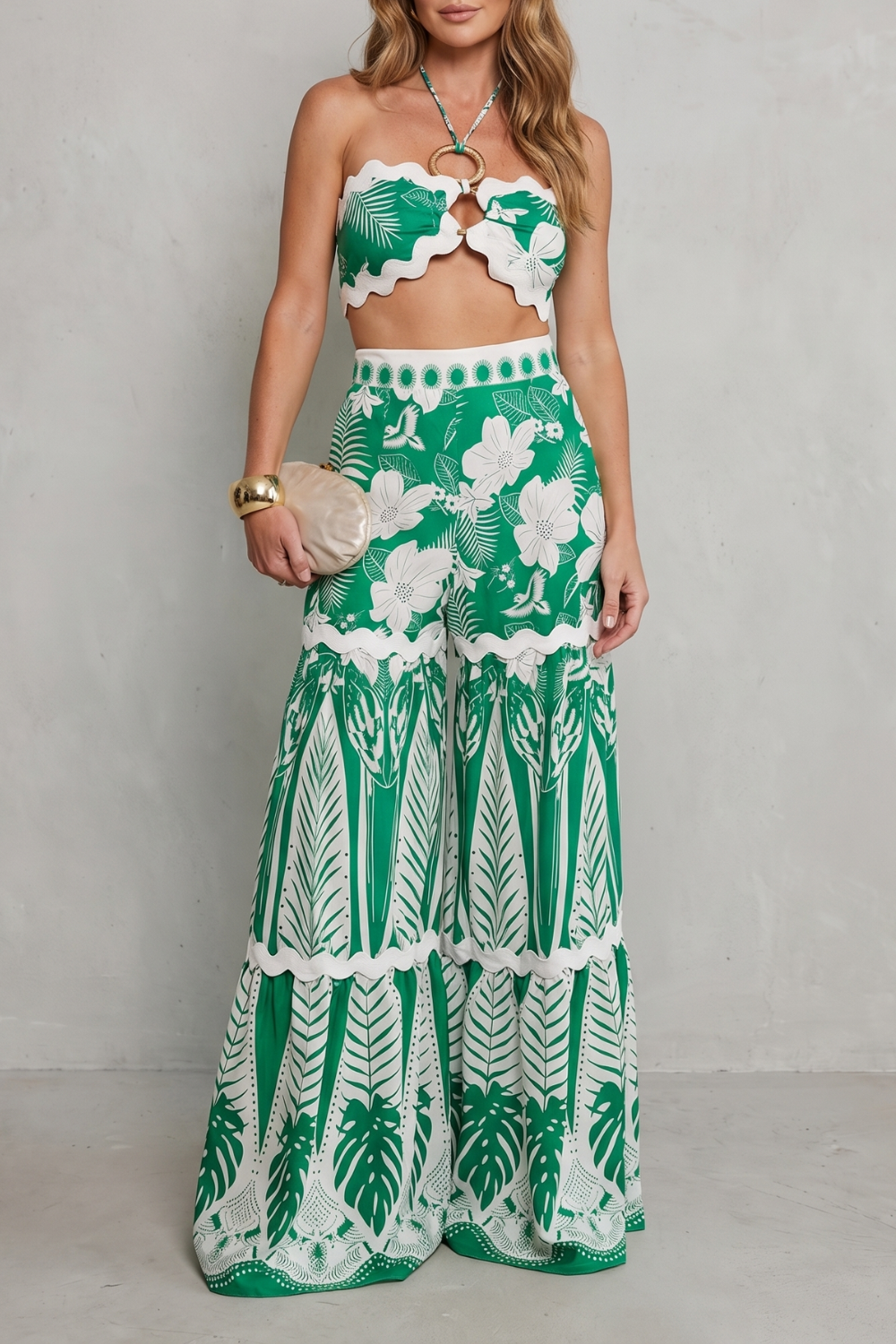 Cora | Tropical Print Halter Crop Top & Wide-Leg Trouser Set