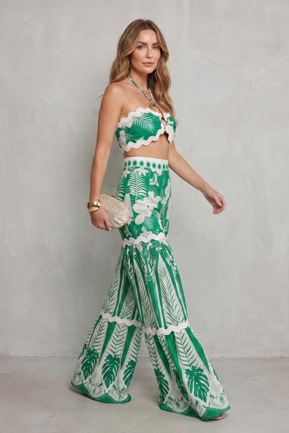Cora | Tropical Print Halter Crop Top & Wide-Leg Trouser Set
