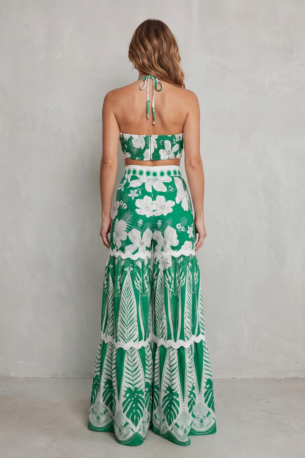 Cora | Tropical Print Halter Crop Top & Wide-Leg Trouser Set