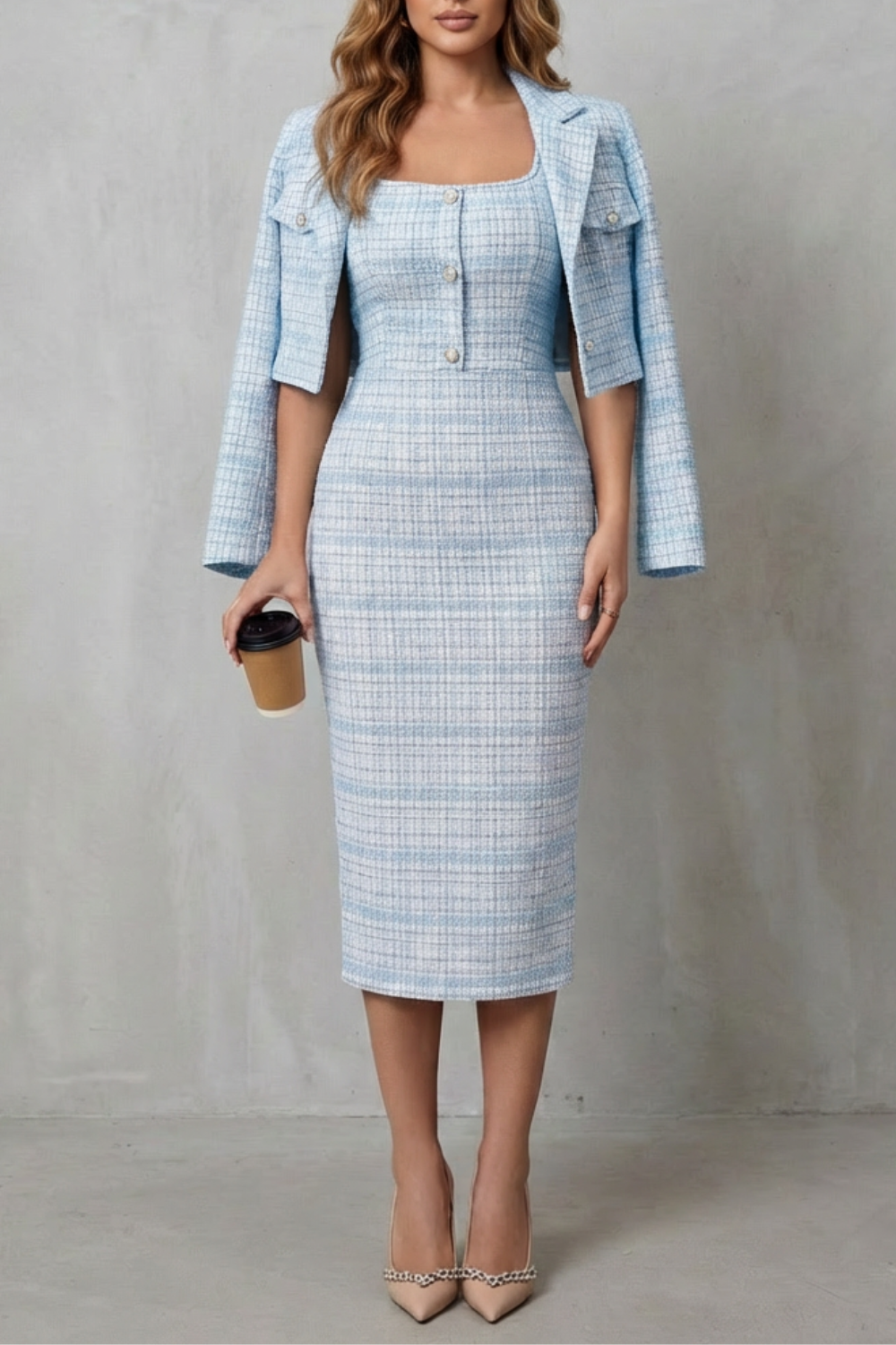 Bellaisie | Plaid Cropped Blazer & Fitted Midi Dress Two-Piece Set