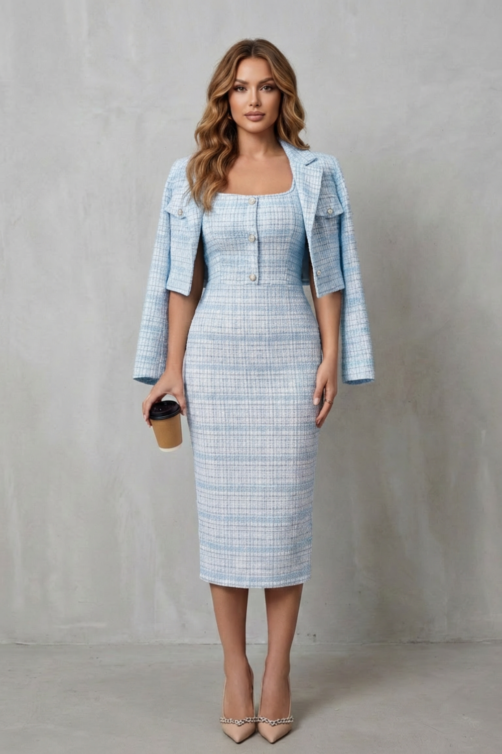 Bellaisie | Plaid Cropped Blazer & Fitted Midi Dress Two-Piece Set