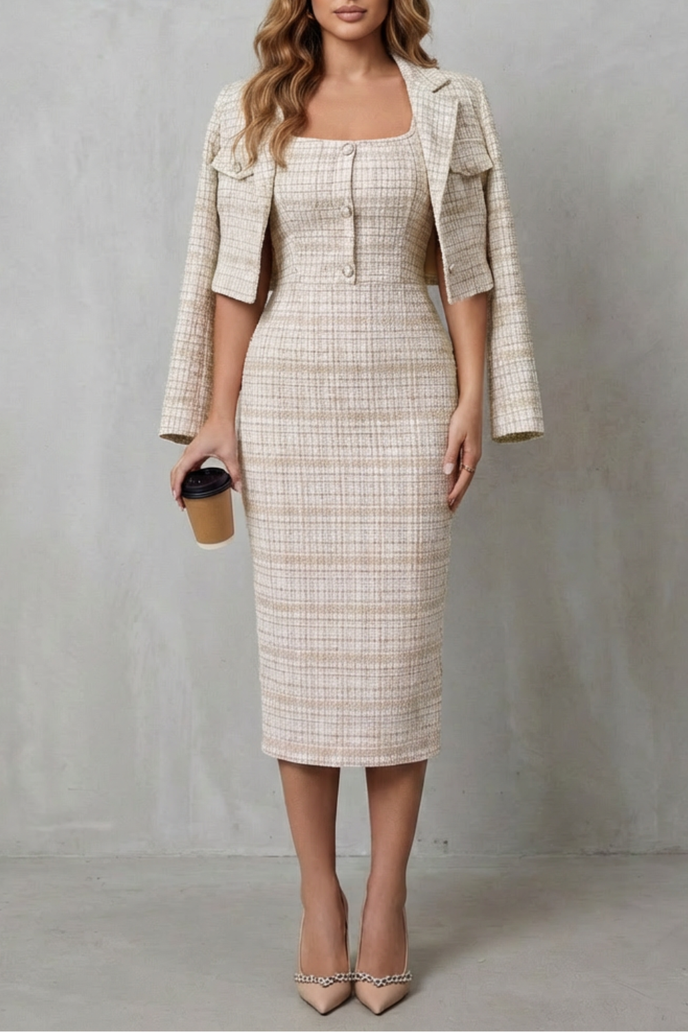 Bellaisie | Plaid Cropped Blazer & Fitted Midi Dress Two-Piece Set