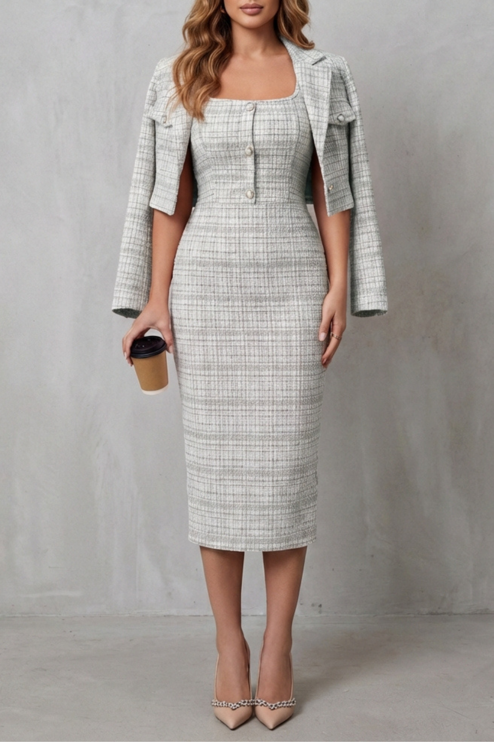 Bellaisie | Plaid Cropped Blazer & Fitted Midi Dress Two-Piece Set