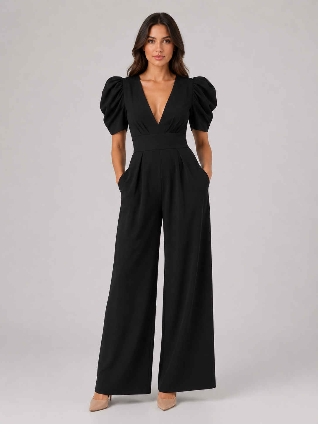 Wren | Puff Sleeve Open-Back Wide-Leg Jumpsuit