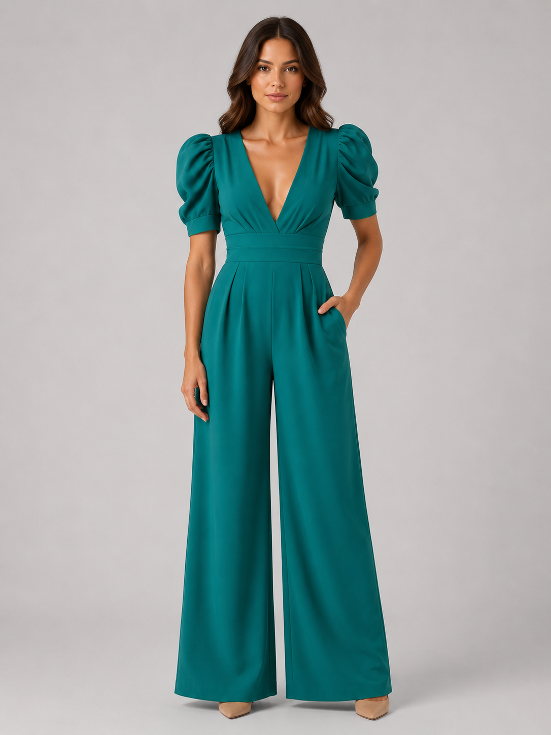 Wren | Puff Sleeve Open-Back Wide-Leg Jumpsuit