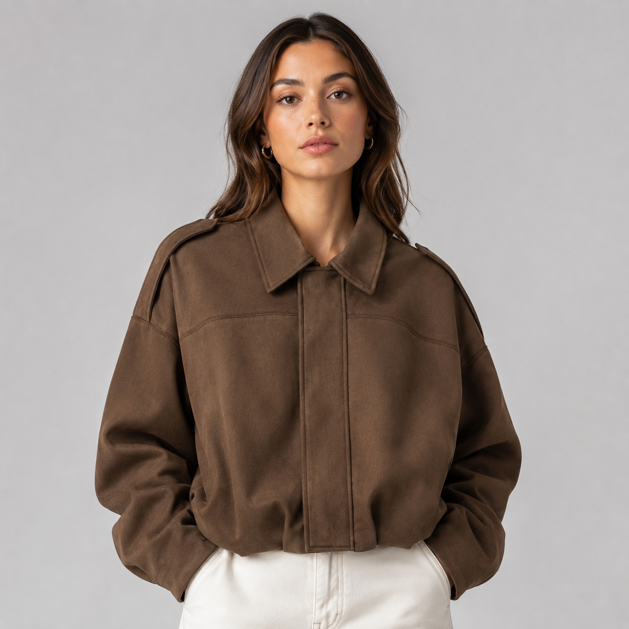 Mabel | Collared Faux Suede Bomber Jacket