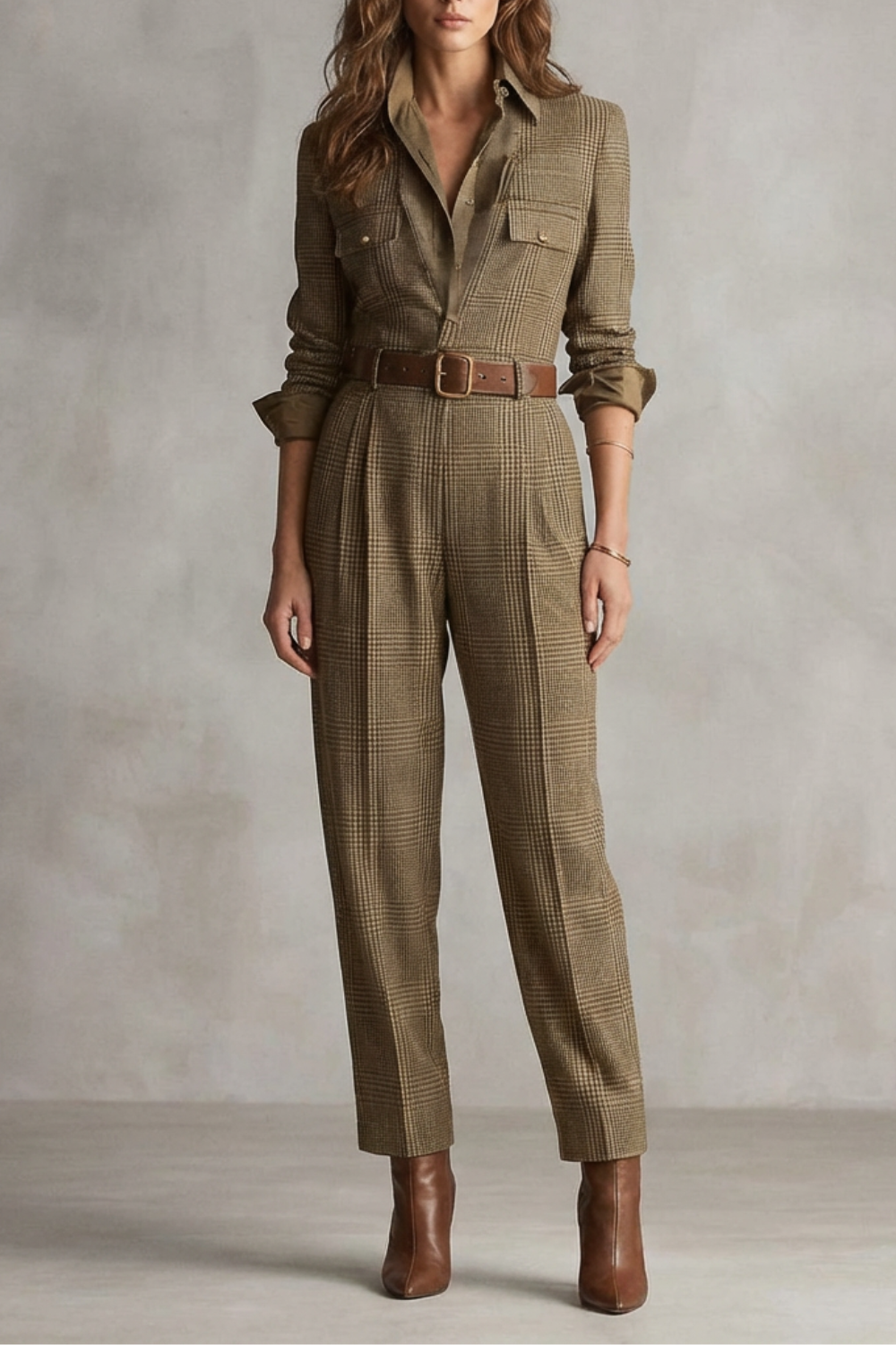 Clémora | Plaid Tailored Long Sleeve Jumpsuit