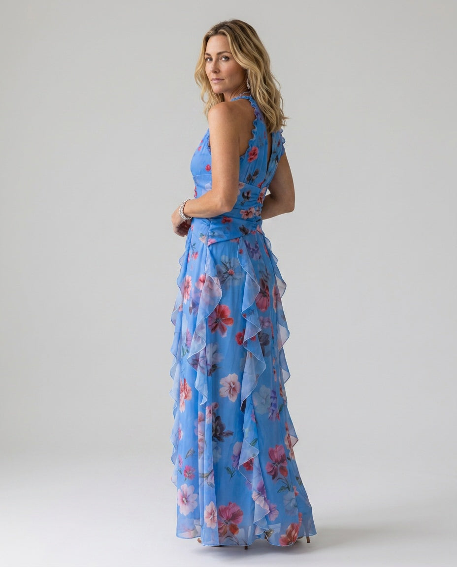 Nori | Halter Neck Ruched Floral Maxi Dress