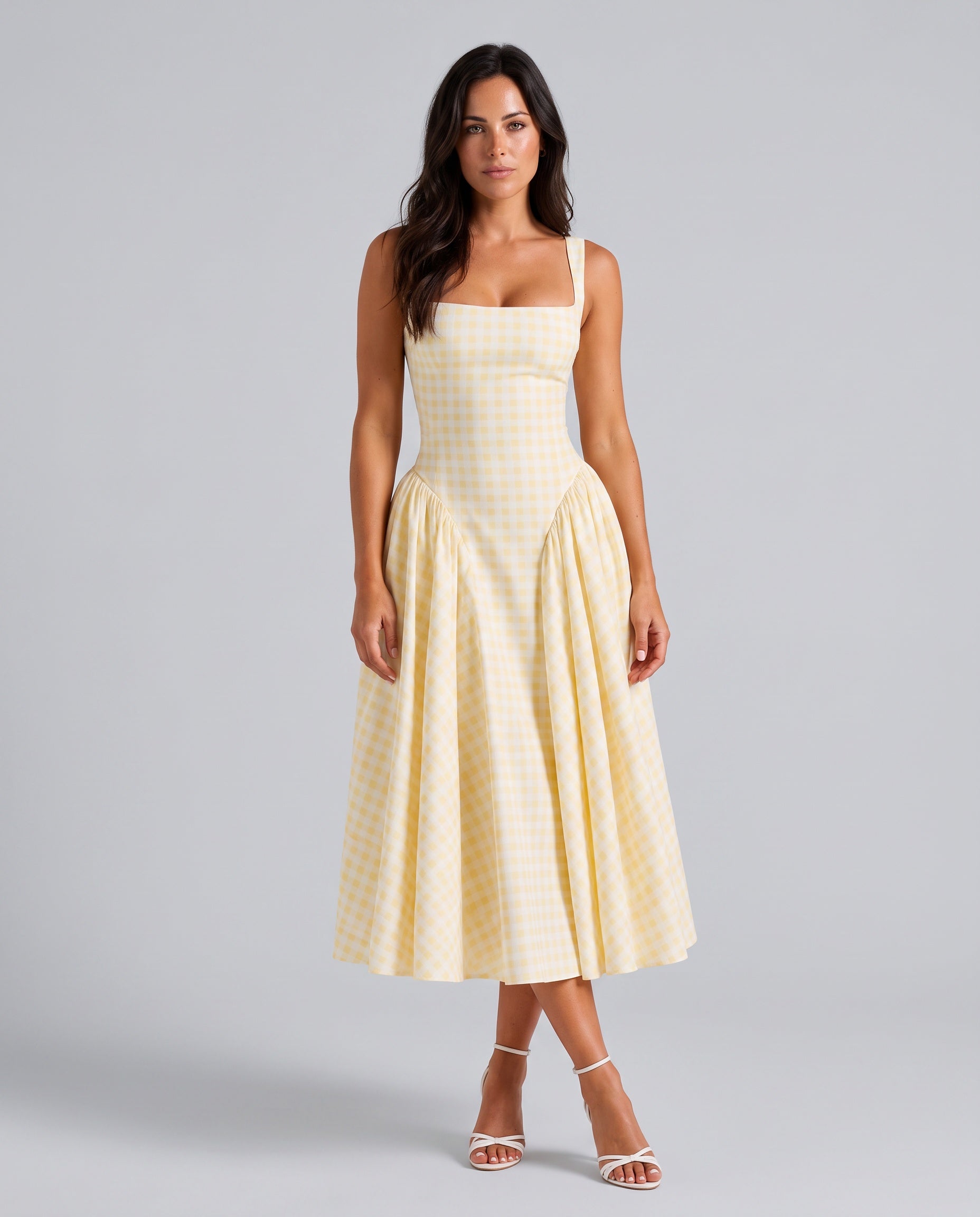 Verity | Sculpted Waist Full Skirt Gingham Midi Dress