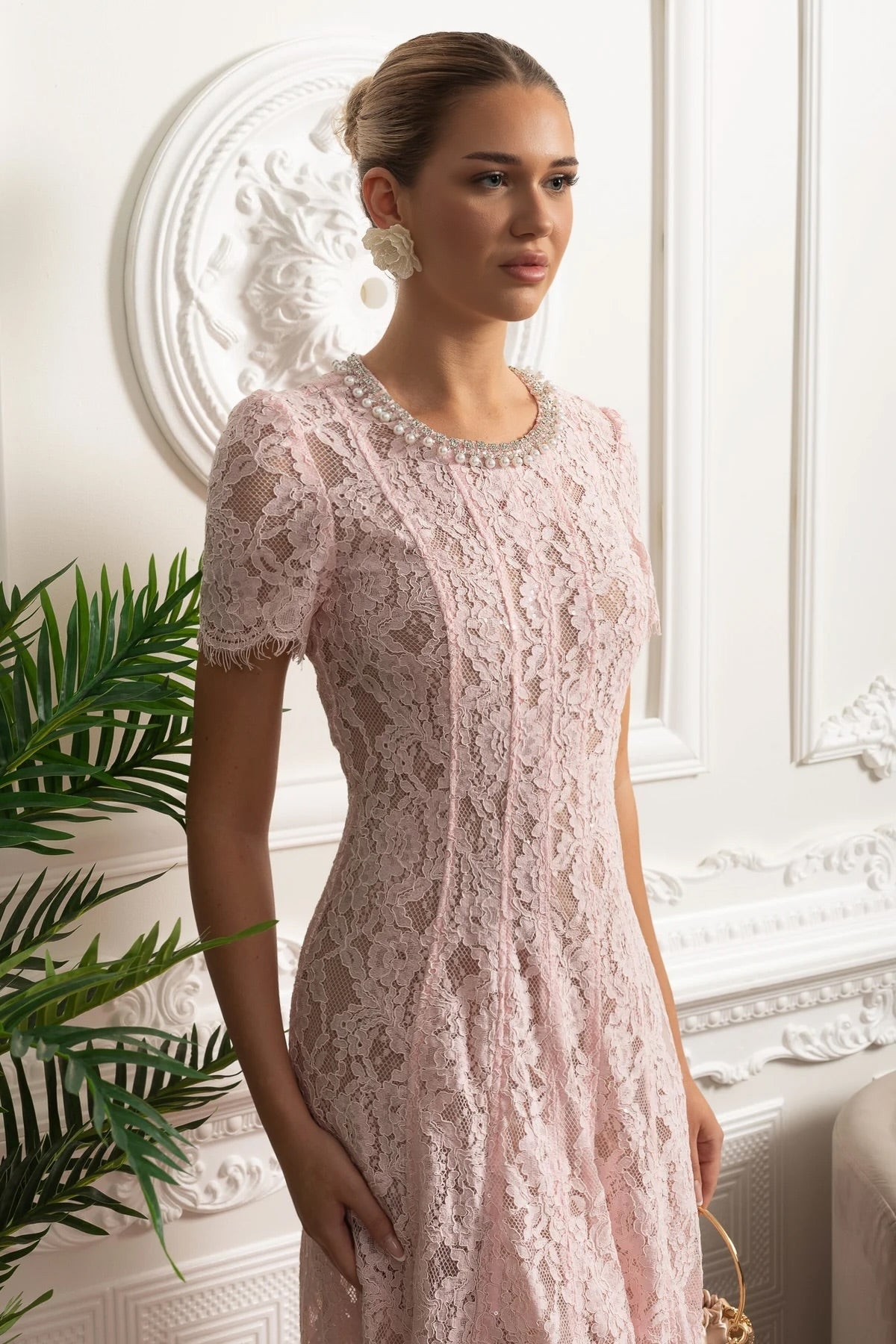 Tessa | Crystal Collar Lace Midi Dress