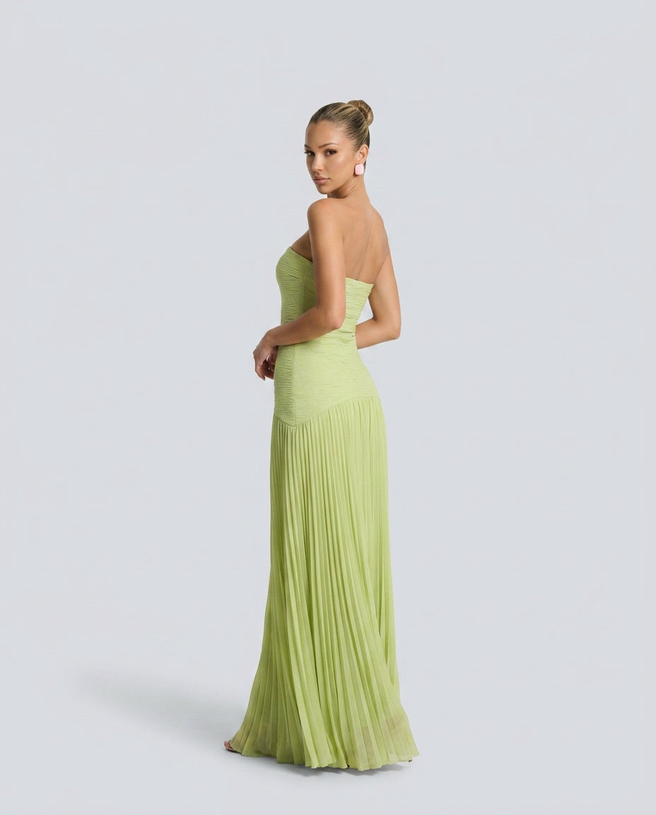 Josephine | Pleated Satin-Look Green Maxi Dress