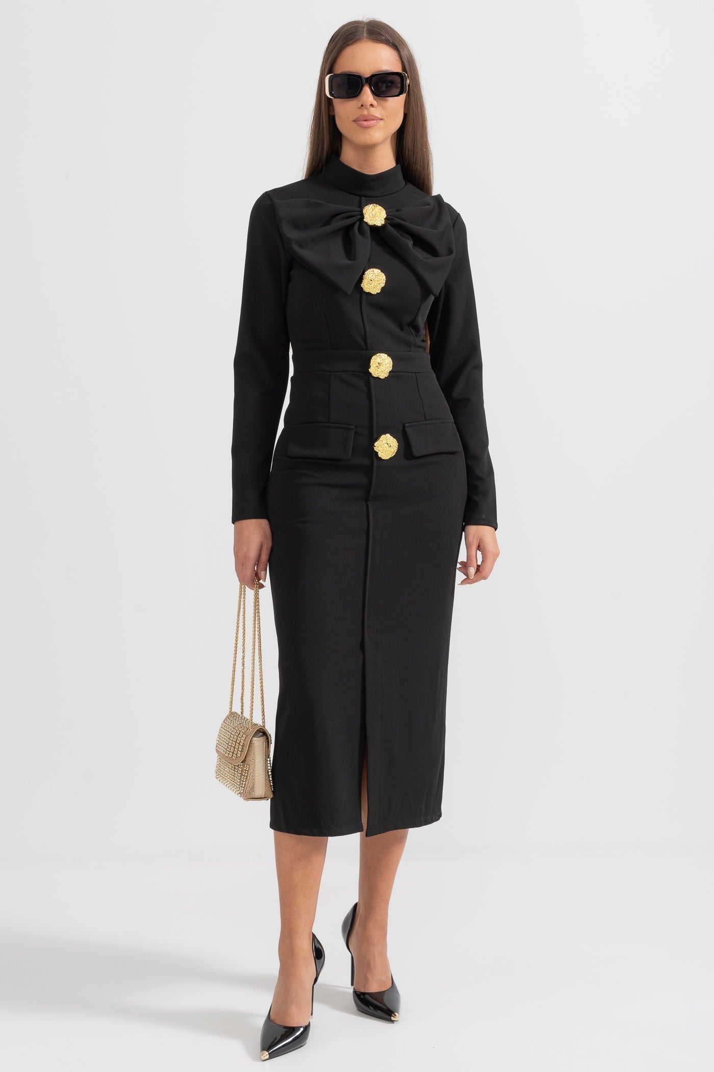 Lena | Bow-Collar Long-Sleeve Midi Dress