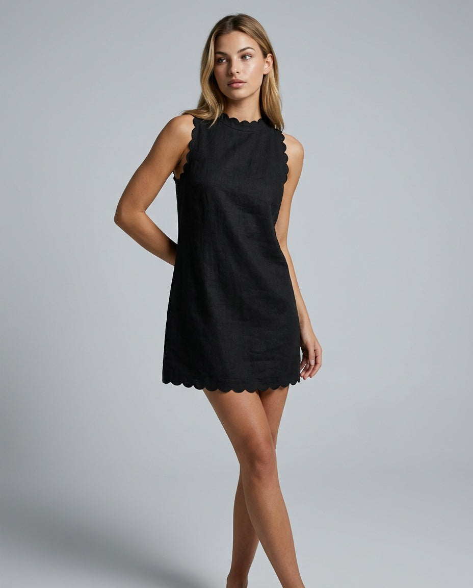 Caliora | Sleeveless Wavy Trim Linen-Blend Mini Dress