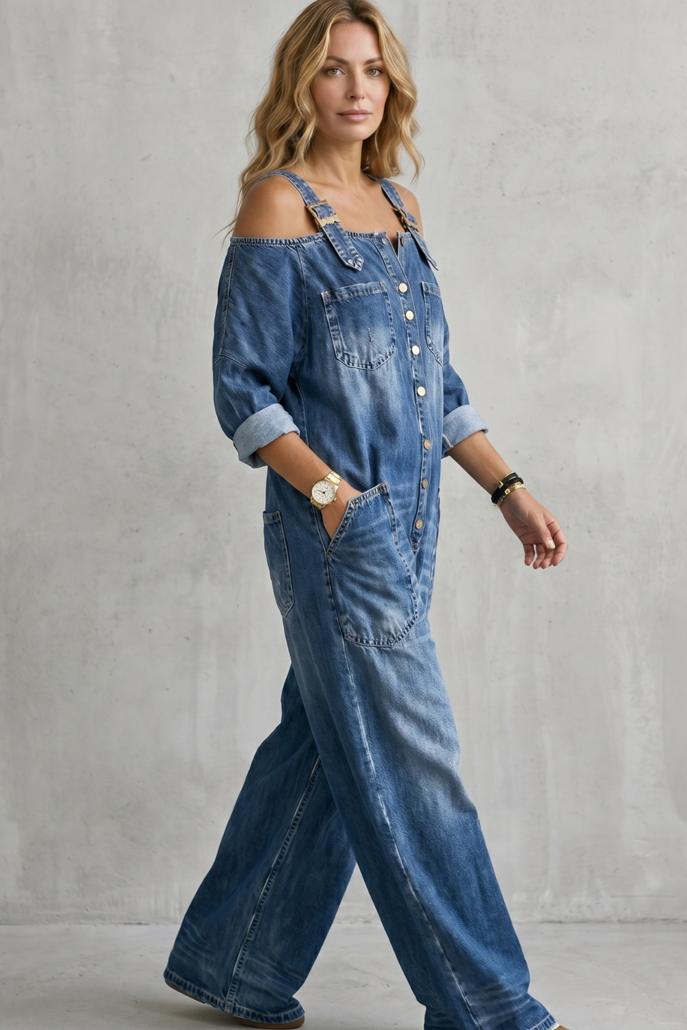 Denimora | Off-Shoulder Wide-Leg Overalls