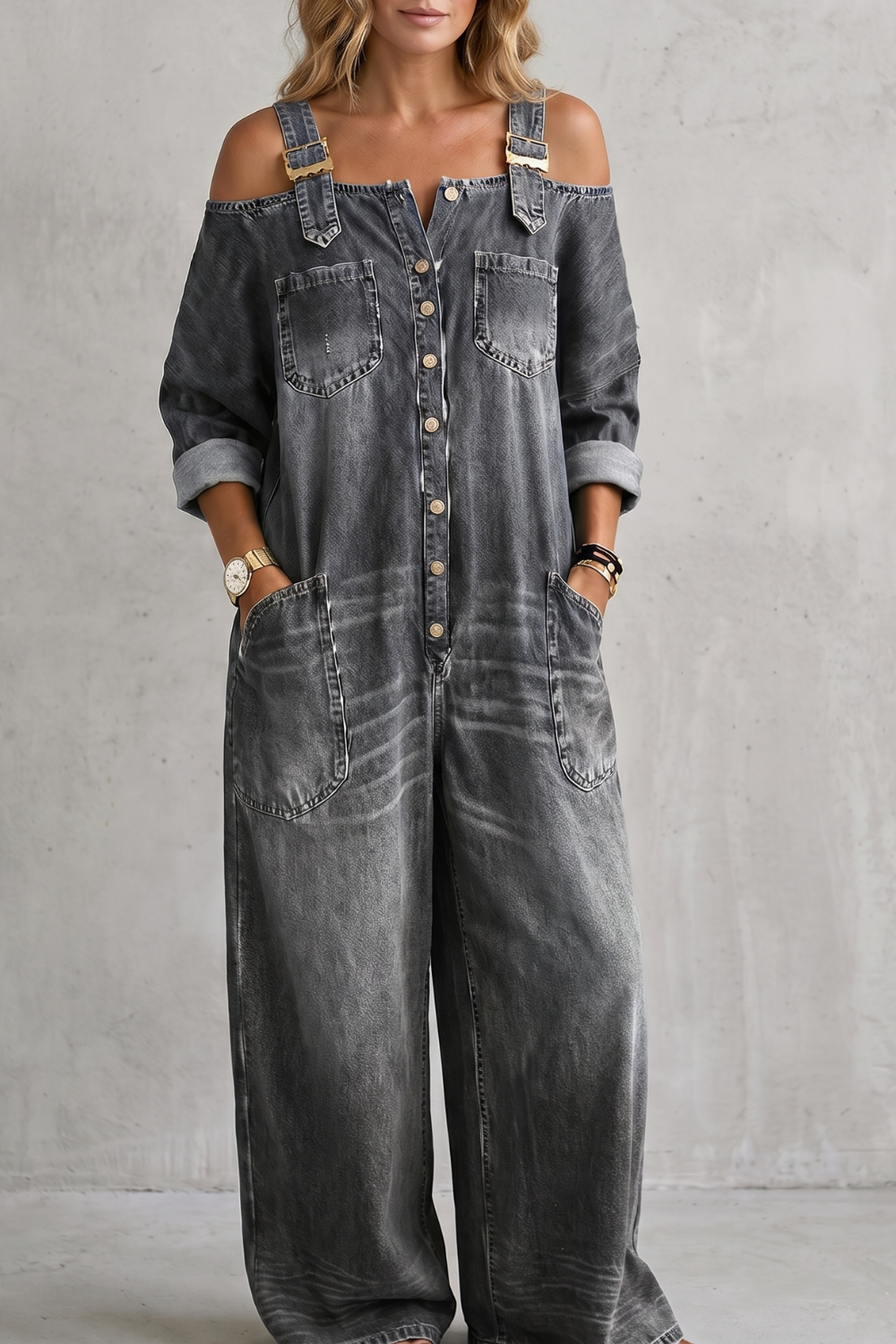Denimora | Off-Shoulder Wide-Leg Overalls