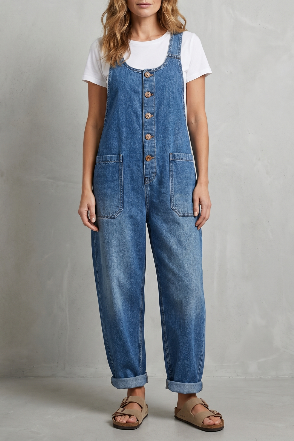 Denovia | Vintage-Wash Wide-Leg Denim Overalls