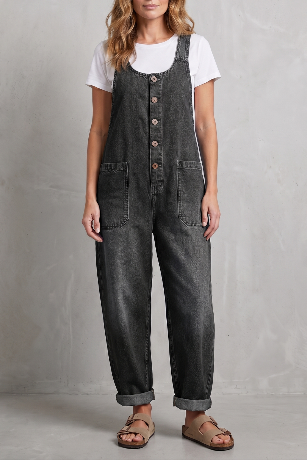 Denovia | Vintage-Wash Wide-Leg Denim Overalls