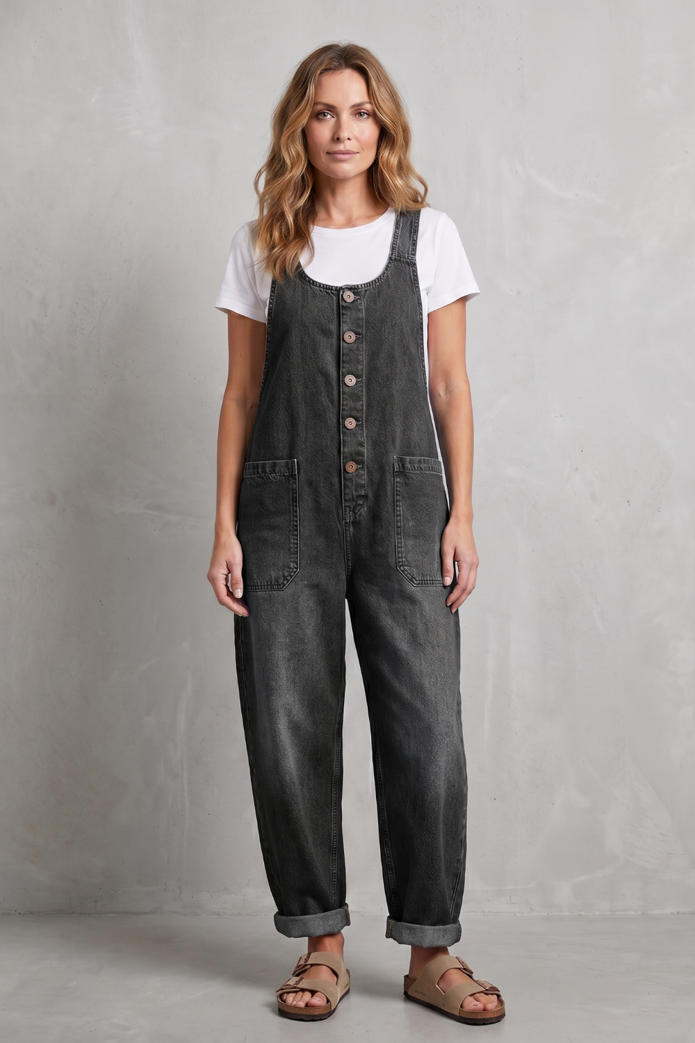 Denovia | Vintage-Wash Wide-Leg Denim Overalls