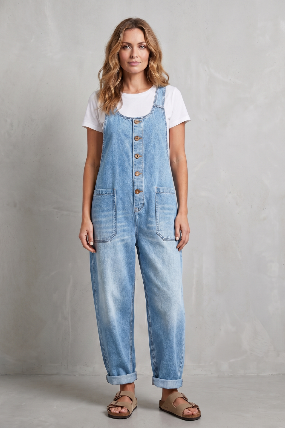 Denovia | Vintage-Wash Wide-Leg Denim Overalls