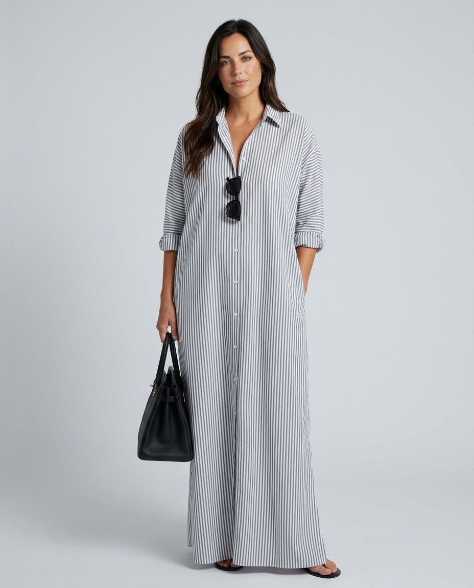 Serina | Striped Long Sleeve Collar Maxi Dress