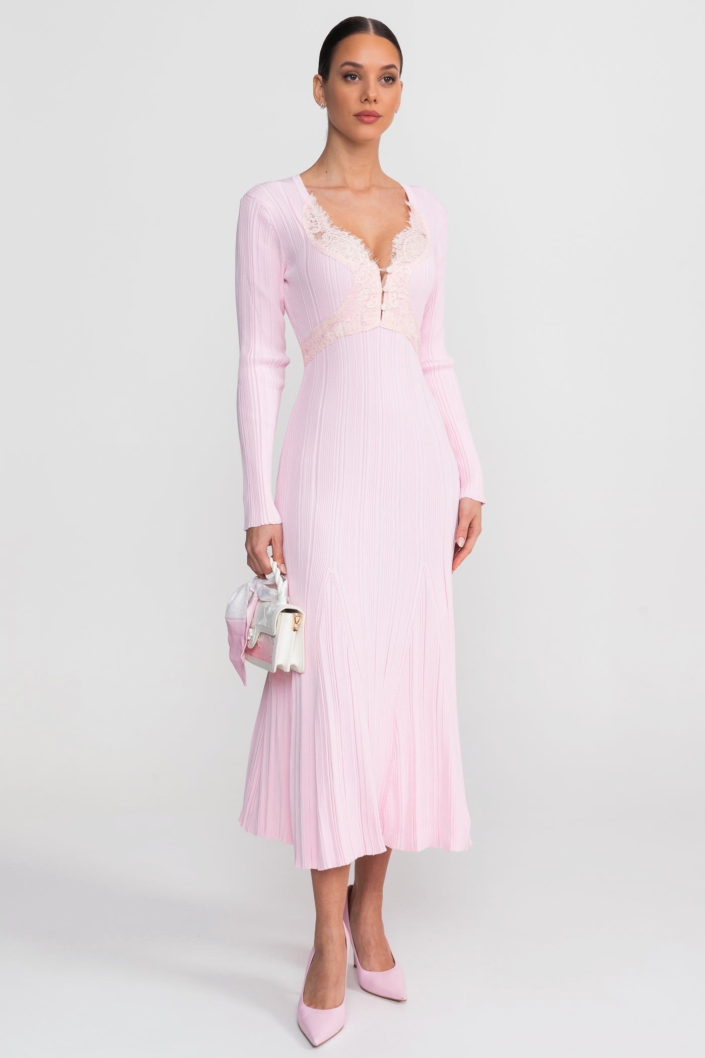 Nina | Ribbed Lace-Trim Long Sleeve Midi Dress