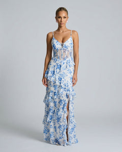Opal | Floral Ruffle Corset Maxi Dress