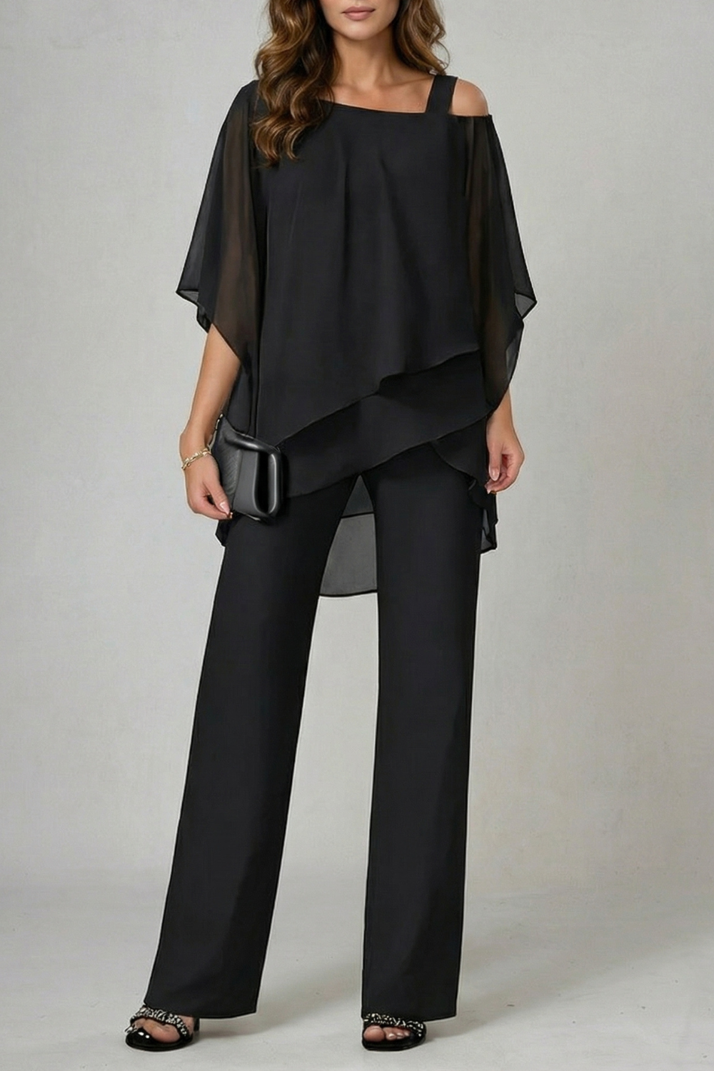 Élaria | Asymmetric Off-Shoulder Chiffon Top & Trouser Set