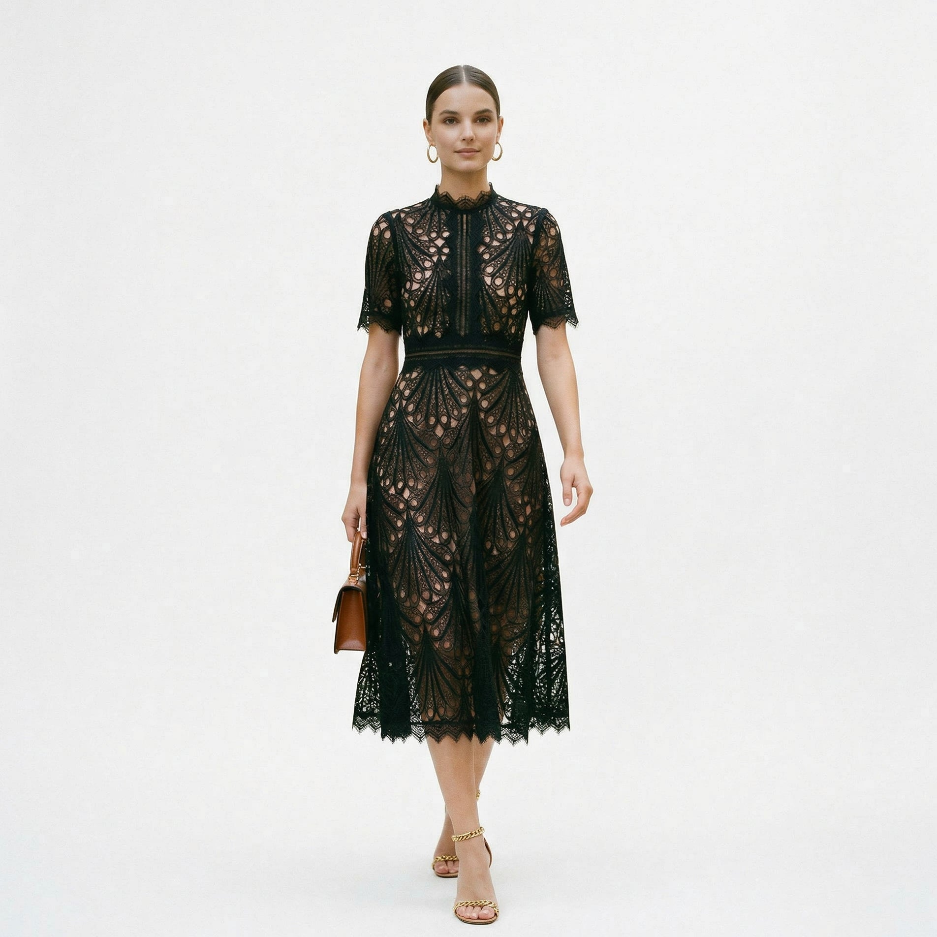 Ada | Lace-Trim Wedding Guest Midi Dress