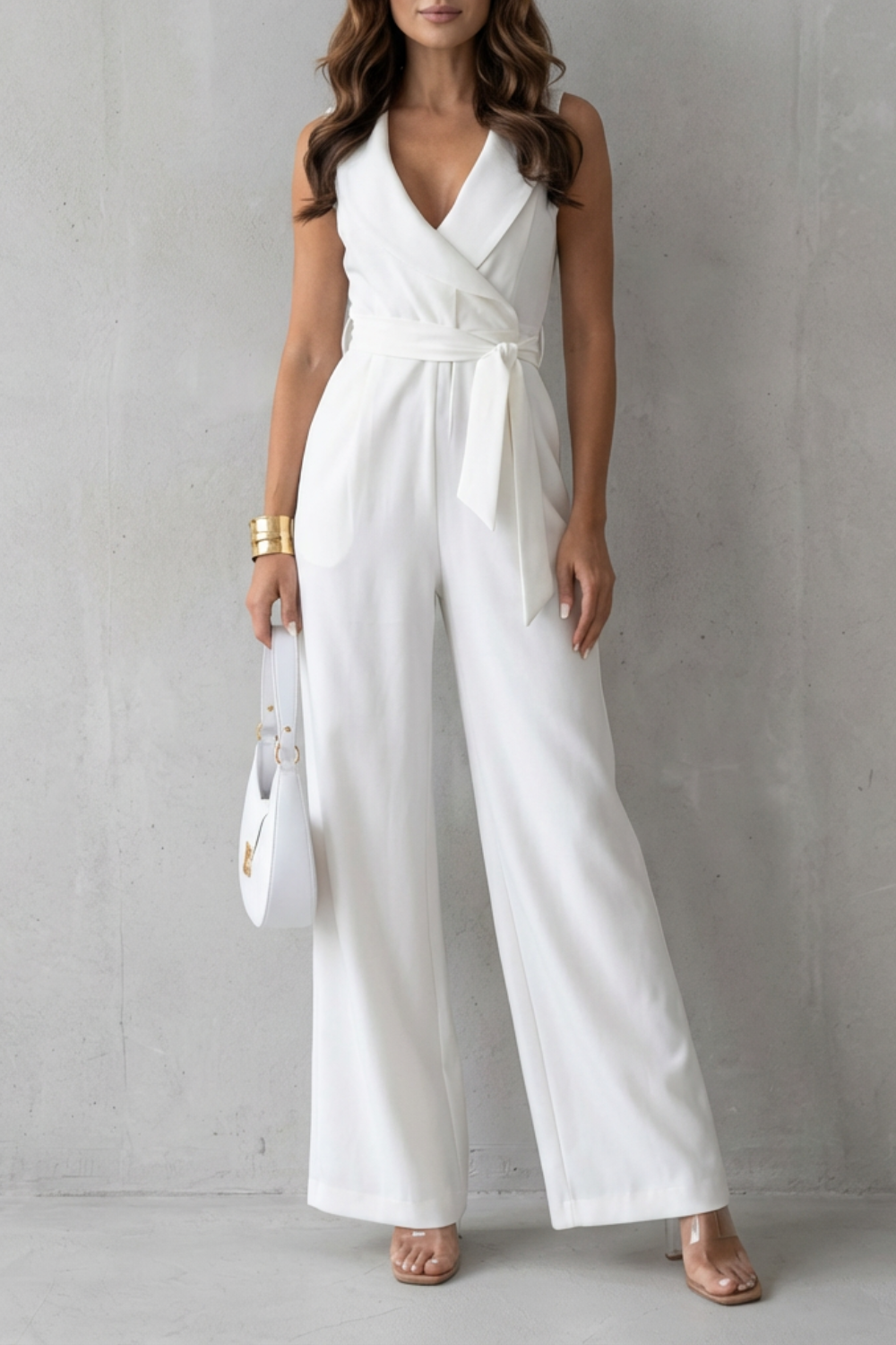 Elisavie | Sleeveless Lapel Wrap Wide-Leg Jumpsuit