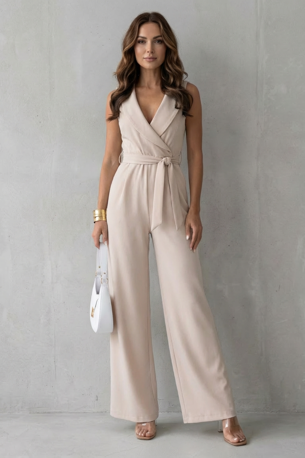 Elisavie | Sleeveless Lapel Wrap Wide-Leg Jumpsuit