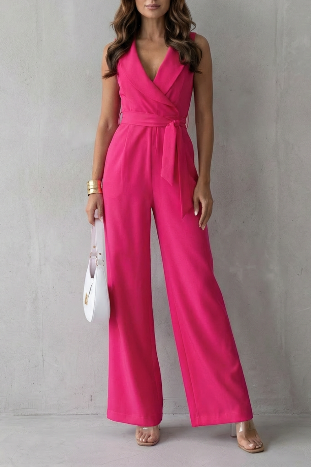 Elisavie | Sleeveless Lapel Wrap Wide-Leg Jumpsuit