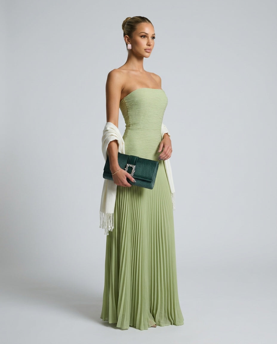 Josephine | Pleated Satin-Look Green Maxi Dress