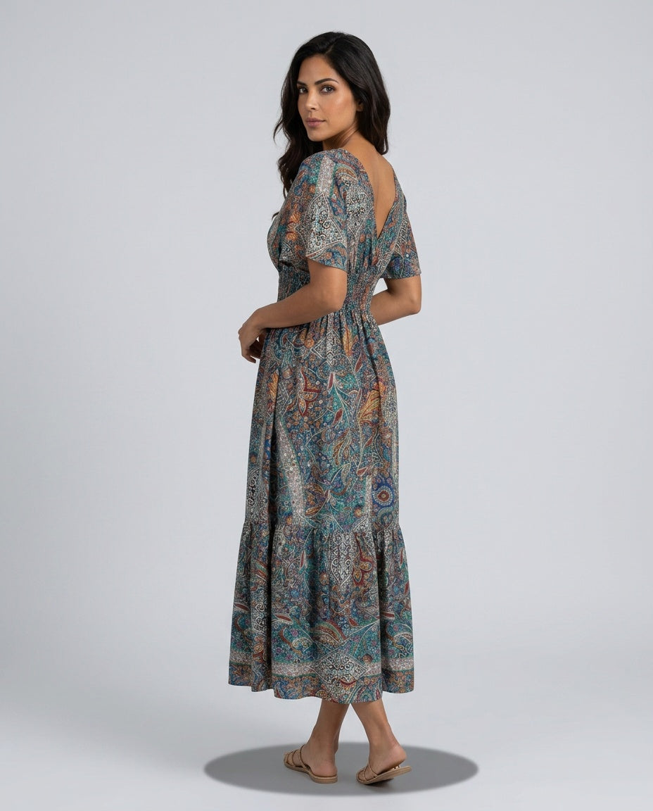 Marina | Bohemian Paisley Smocked V-Neck Maxi Dress